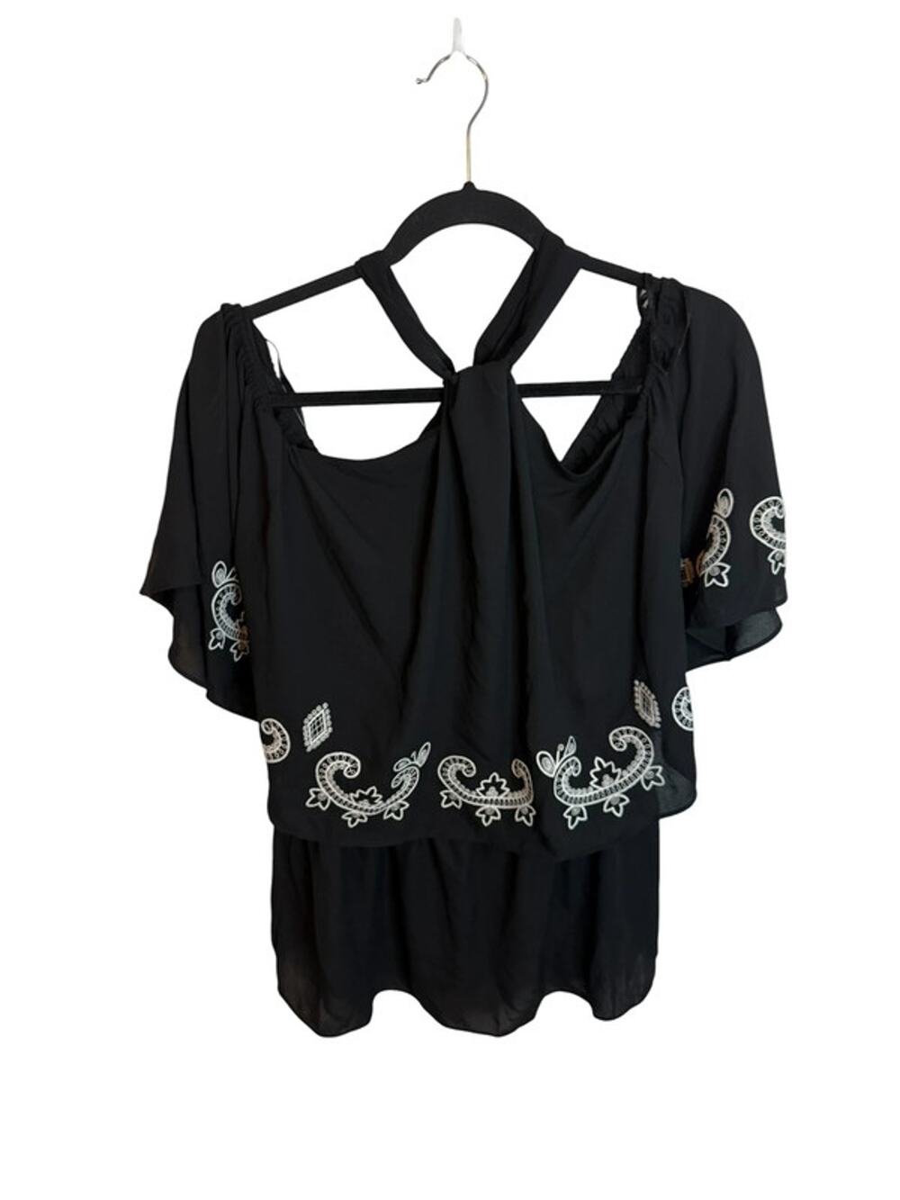 Nwt New York and Company Black Ruffle Embroidered Halter Blouse